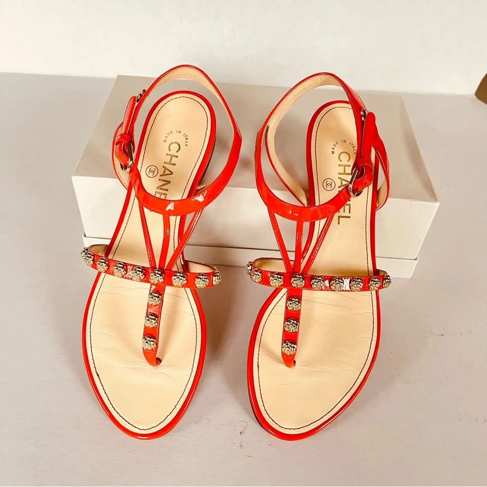 CHANEL coral red gold camellia studded flat sandals 38